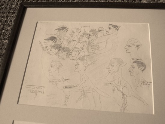 Dad's Framed drawing of touring Aussie Cricket team (including Donald Bradman) as kangaroos in 1930s