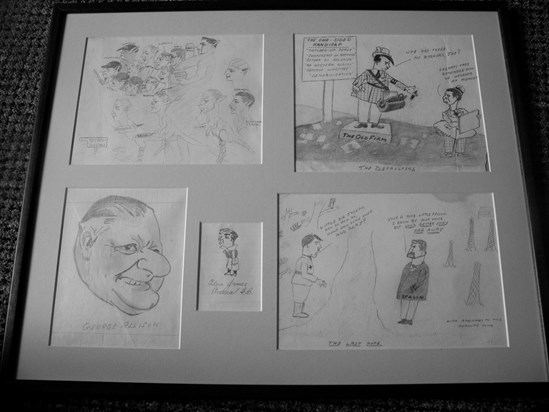 Dad's Framed Drawings of Aussie cricketers, Hitler, Goebbels, George Allison, Alex James, Stalin