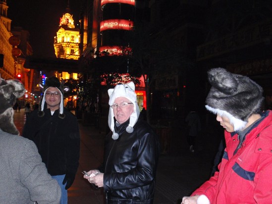 Roger and Mike T celebrating Chinese New Year in Shanghai 01262009.  It was cold, who could resist buyimg these hats.