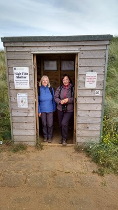 Eileen and Linda checking out the high tide facilities at Spurn Point. September 2017