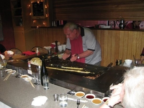 Tony the chef! Trying his hand at teppanyaki.