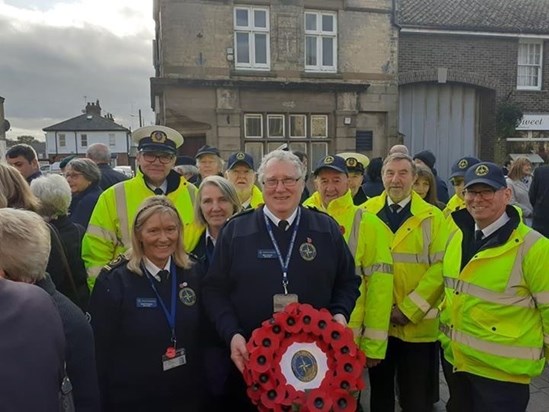 Brain out side Hornsea Church on Armistice Day 2019 with is fellow watch keepers, preparing to March through the Town to the Memorial Gardens.  