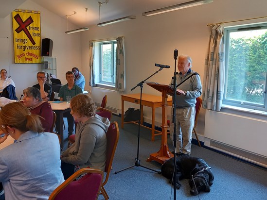 Mike preaching at a Torch Coffee morning