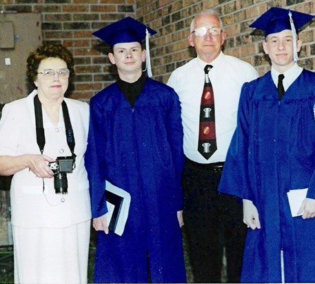 Boys with Grandparents (Graduation) - Wanda Rainer, Jacob Duckett, Billy Rainer, Jonathan Brewer, May 1999