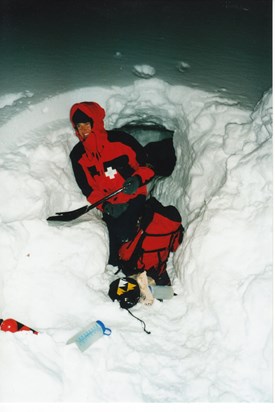 Digging our first snowhole, Tahoe 1998