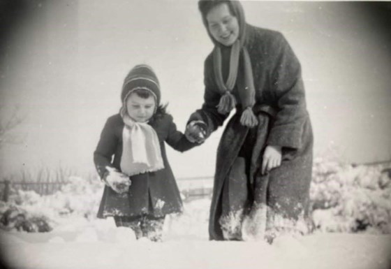Mum and Wendy playing in the snow, winter 1962 - 63