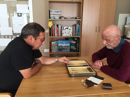 Fred being taught Back Gammon by Bob Maintenance at Lavender Oaks Care Home.  