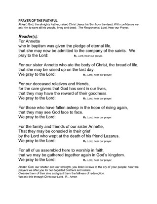 Prayer of the Faithful, read by Diane Hoetmer and Lorraine Koss