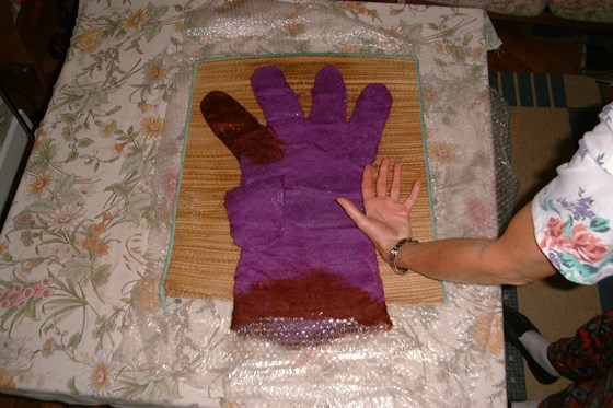 Audrey's felted glove before shrinking