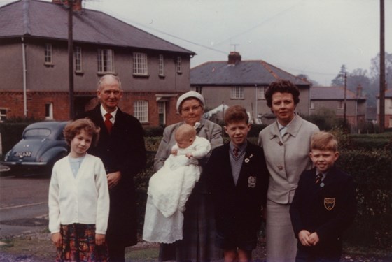 1965 Andrew's christening ( Liz, Grandad & Grandma Pirt, Andrew, Richard, Mum & Stephen)