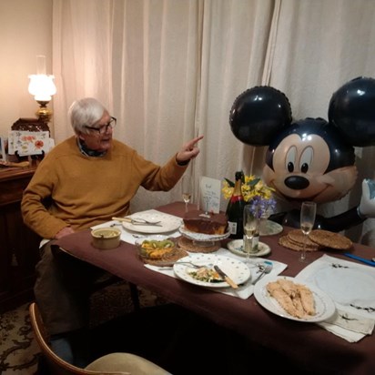 dad with mickey mouse 90th birthday dinner - covid restrictions limited guests!