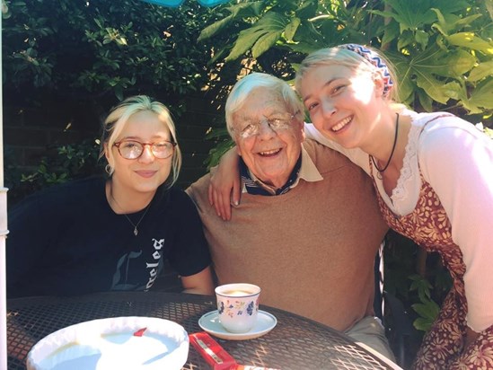 Bethan, Grandad and Me (Ffion), summer in the garden at Meadowcroft