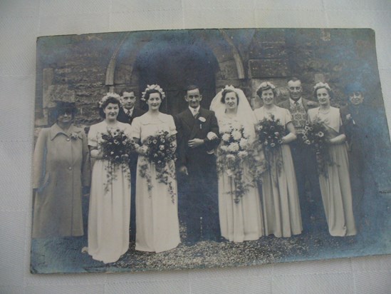 Bridesmaid to brother Charles James wedding December 1950 to Dorothy Broughton, Sister Peg, Brother Den and Mother Harvey. Sisters and Mother of Dorothy