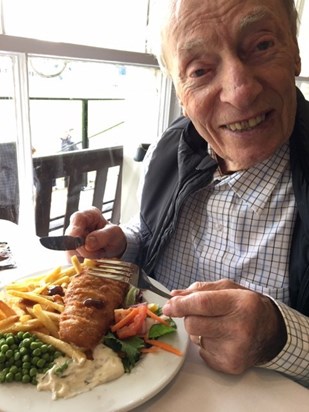 dad eating his favourite fish and chips at hove cricket 