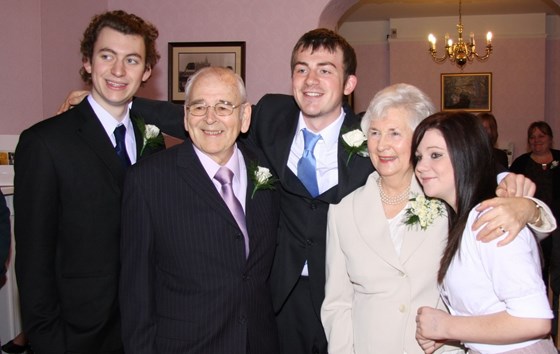 Rod and Joy's wedding with grandchildren Ian, Sam, Becky