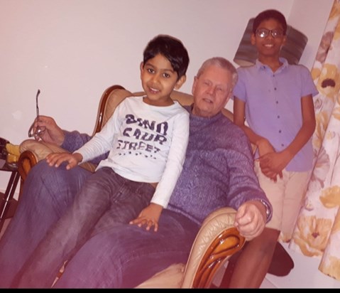 Dad with his much loved, honary grand-children. Kunnu and Munu - Smita's boys