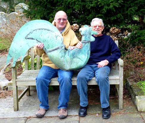 Eric and Local historian Mark Phillips with the weather cock from St Nicholas Church.