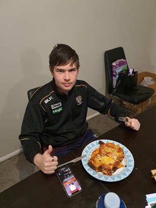 His proudest moment. Making his own chicken parma