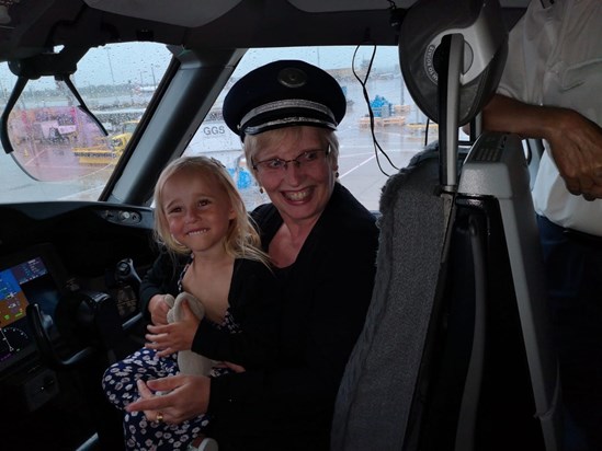 Mum and Elowen playing pilot on our return from Mauritius (2019)