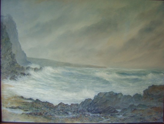 Priests cove W.Cornwall, 40"x30" oil painting, s.canvas, c.1982 by LRB.