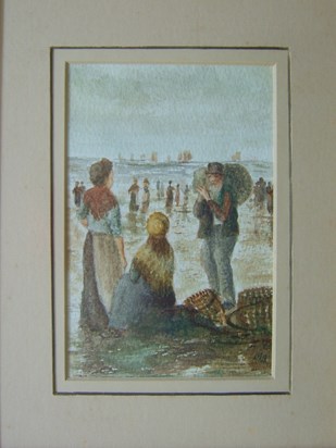 "Fisherfolk"  watercolour, 9"x7" frame.  c.1984.