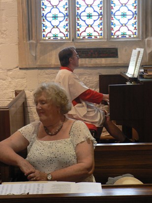Diane  at our wedding where she sang so beautifully the  “Ave Maria” by Bach/Gounod. Her sense of humour always made us smile - she was delighted by the image of the organist - affording us a glimpse of his legs by wearing shorts under his cassock.
