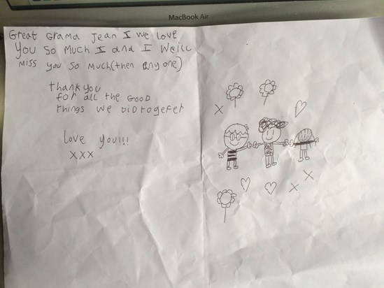 Dylan my grandson wrote this for Jean to say goodbye to her.
