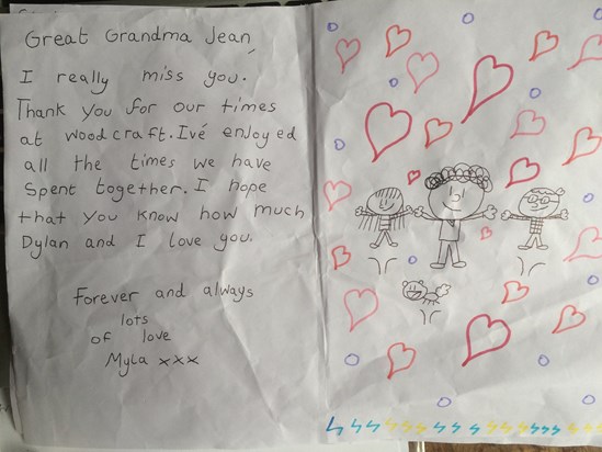 This is from Myla, My Grand Daughters letter For Jean