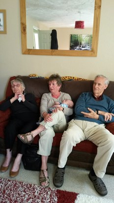 Jean (mum) with sister Carol holding Jeans great grandson Bailey and brother in law Elwyn