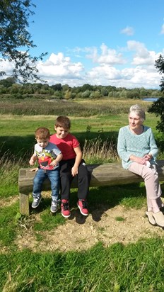 Great granny with Rose and Frankie on a lovely nature walk, just having a little sit down.