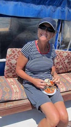 Jules eating very fresh crab, Turkey 2013