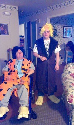 Fred Flintstone (Chip) & Barney Rubble (Jimmy) getting ready for the Halloween party