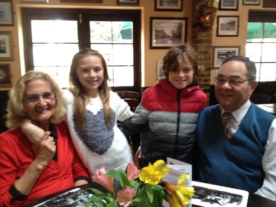 Basil with sister Sheila, and grandchildren Emily and Toby