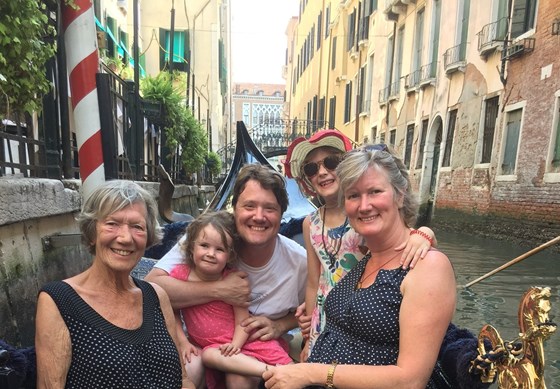 Jonathan on a gondola in Venice - July 2019 - with Mummy, Clemmie, Iona and Lucy