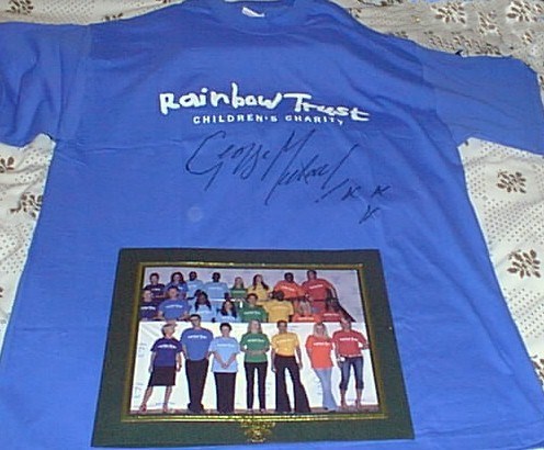 Back in March 2004 George was kind enough to give us his own Rainbow Trust tshirt,signed so we could auction it at a fan meeting to celebrate the release of Patience. Proceeds (doubled by George) of course went to Rainbow Trust
