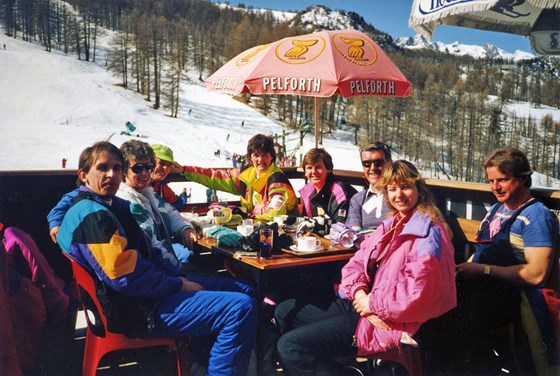 Celebrating Liz proposing to Steve on ski holiday Feb 29th 1992