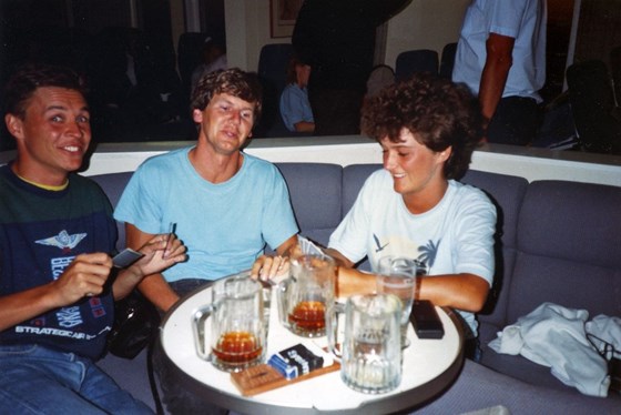 Steve, Pete & Sue playing cards on boat home from France 1989
