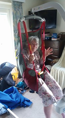 Carol using her hoist for the first time (July 2017)