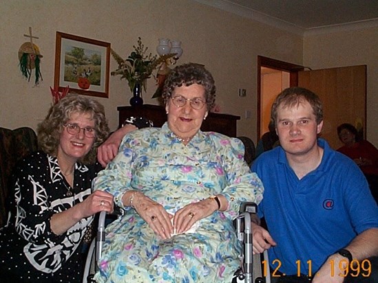 Jane, her mum Dilys and Jane's son Simon at Dilys's 80th. November 1999