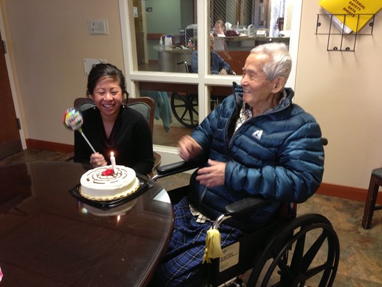 2013 March -- Dad celebrating Michelle's birthday while at Rehab Center.