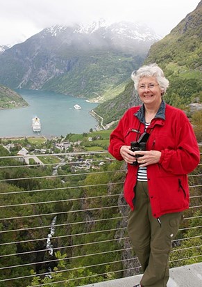 Overlooking Geiranger Fjord, Norway - and our cruise ship Discovery.