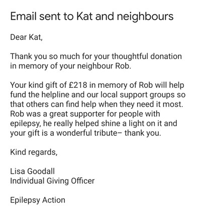 Email sent to Rob and Lydia's neighbours