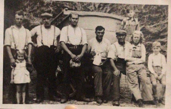 Left to right Herbert Palmer with daughter Rosemary. Jack Hurry. Frank Wheatley. Harry Dale. Dick Wortley. Phillis Wheatley