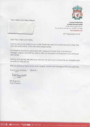 A letter from Liverpool Football Club 