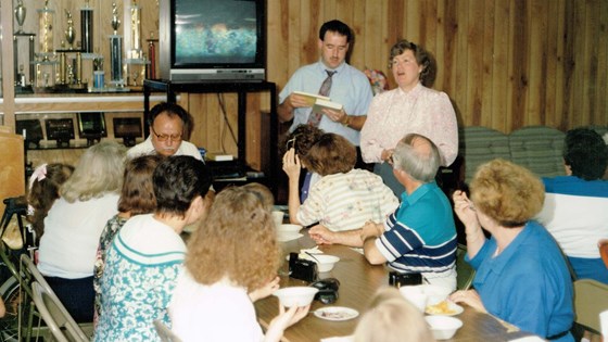 Easley Baptist Church May 1991. A teaching session over food.