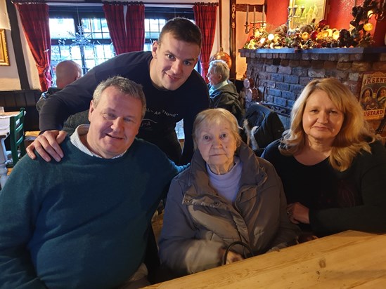 December 2019 - Connie's 82nd birthday with Kevin, Liam and Karin
