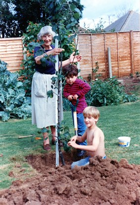 Joyce and boys in the garden