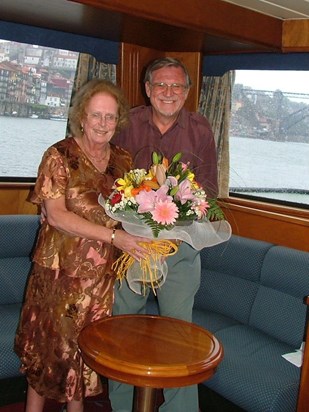 Jan and Graham celebrating Jan's 70th birthday on a river cruise along the River Douro in Portugal.