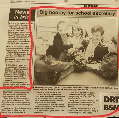 25 years as school secretary reported in local press, 19th May 1995