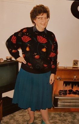 Modelling the jumper knitted by Sue for her (early 1990's?)